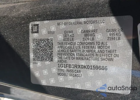 2019 Chevrolet Camaro 1Lt from USA, damaged, VIN 1G1FB1RX0K0159686